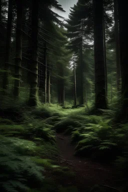 A photo of a dense forest with tall trees, creating a sense of mystery and adventure.