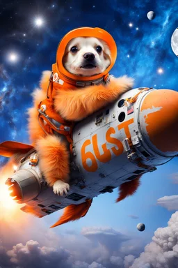 white and orange dog flies to the moon on top of the a rocket