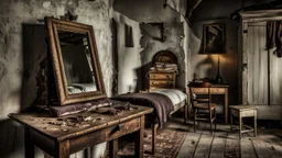 A stunning, high-resolution photo capturing the essence of a small, poverty-stricken European village room. In the foreground close up an old, broken, cracked mirror rests on a vintage wooden table, reflecting the dimly lit space. A narrow, vintage bed with large pillows at the end stands in the background, accompanied by an old wardrobe. A small table by the wall holds a kerosene lamp, casting a warm glow on the simple, worn furniture. on the wall hangs a painted image hang of the Virgin Mary