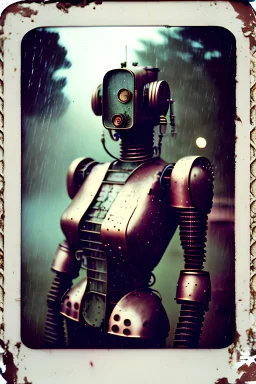 steampunk, vintage analog polaroid of a woman robot, female body, fog, lomography, heavy film grain, rain, color bleed, depth of field, bokeh, retro