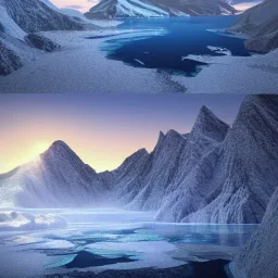 highly detailed icy mountain lake landscape, sunset, illustration, cinematic lighting, 4k, 8k, octane render, digital concept art, trending on artstation, pinterest, extremely detailed, ambient lighting.