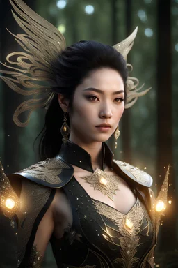 unreal engine 6, beautiful pale skin asian female, detailed eyes, large bust, shoulder length dark hair, glowing fractal embedded on royal armor, glowing light pattern cloth, high fantasy setting, wearing regal intricate leather with glowing crystal, glowing part on clothing, midnight forest, portrait