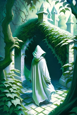 Castle hedge maze with hooded figure in white robes rpg art painterly