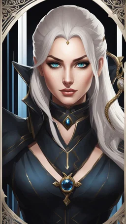 Dungeons and dragons portrait of a woman with a big blue beautiful eyes , sharp facial features wearing a black suit