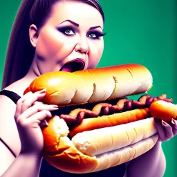 obese woman stuffing her face with hot dogs