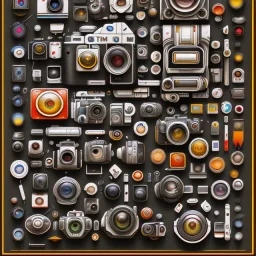 components of the camera laid out flat. poster design. high detailed. oil on canvas.