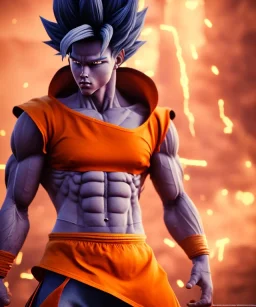 Goku, fighting pose, muscular body, shirtless, volumetric details, hyper realism, unreal engine 5