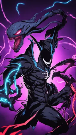 Mix between venom symbiote and Reaper in solo leveling shadow style with neon glowing blue
