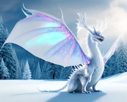 mdjrny-v4 style, a white dragon with fairy-like transparent glowing and sparkly wings standing in snow, full body, silver and teal background, glowing soft and smooth wings, realistic, highly detailed intricately detailed, shiny snowy background, soft studio lighting, trending on artstation, by artist "Julie Bell", by artist "Greg Rutkowski"