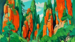 Post-impressionist painting of large, orange, vertical rock formations with emerald green foliage under a pale blue sky.