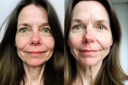 A selfie of a brunette woman, middle long hair, showing a 39-year-old European woman. She has white skin, tousled brown hair, face without makeup, big round dark brown eyes, cute nose, detailed full lips, skin texture. Split screen and show the same face but 15 years older