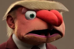 Angry muppet trump in suit, no tongue, looking forward, face, smaller, round puffball nose, eyebrows, no teeth, no nose