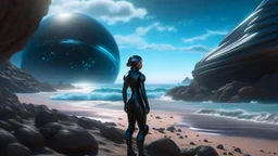 A woman in a catsuit standing on a beach of an alien world, in a rocky crystal-covered landscape with a crashed spaceship in the distance