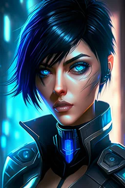 Fiora from league of legends in style cyberpunk, blue eyes And black short hair