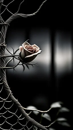 In a stunning juxtaposition of fragile elegance and fierce protection a delicate roseflower finds itself encased within the winding embrace of sharp and unforgiving barbedwire creating a visual representation of the delicate dance between vulnerability and strength, an exquisite portrayal of the interplay between fragility and resilience, the scene is bathed in soft, Diffused Lighting, accentuating the juxtaposition of delicacy and sharpness, the composition maintains a strong focus on the intri