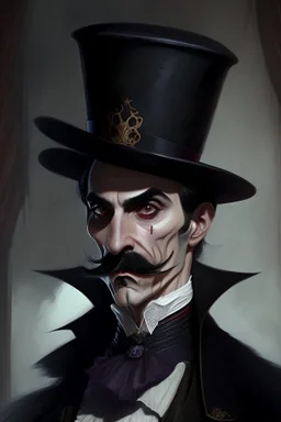 Strahd von Zarovich with a handlebar mustache wearing a top hat looking curious