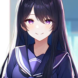 Clear focus,8k,Beatiful Lighting,Beatiful Blur,Beatiful Face,Beatiful Shading,Black long hair,silky hair, long silky bangs, Purple eyes, wearing a sailor uniform outfit, extreme close up, Hair in eyes, lot of hair, Line art, Happy, Smiling