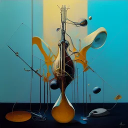 Abstract painting formed by a mix of human flesh-like surgical instruments and universe-like musical instruments,neuralink,minimalism,Painting By Adrian Ghenie, Rene Magritte, Salvador Dali, Lucian Freud