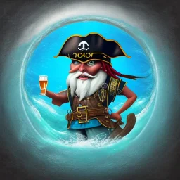 Die digitale Illustration zeigt einen Piraten mit kurzen, schwarzen, lockigen Haaren und einem runden Gesicht. Er trägt Piratenkleidung und hält einen Becher Bier in der Hand. Der Hintergrund der Illustration ist das Meer, auf dem ein Piratenschiff segelt. Verschiedene Zitrusfrüchte liegen verstreut herum und die Farben sind gedämpft. Die Illustration zeichnet sich durch detaillierte Fantasy-Kunsttechniken und eine auffällige Komposition aus. Der Pirat hat einen dynamischen Posing-Stil und 