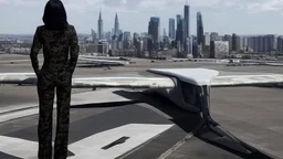 Tall thin woman, with straight black hair, dressed in a camouflaged jumpsuit, looking out from the rear of a futuristic aircar, on a tarmac runway, with a city skyline in the distance