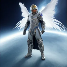 The first image is of the main character's full body. He’s to look like a powerful angel, symbols on his hands glowing, His background should be that of space above with stars and standing on a paradise of a planet. His belt can transform into a white dragon.