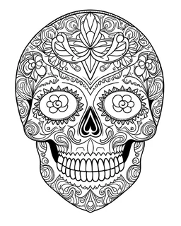 Kandy skull, "Intricate Calavera Designs", full view, realistic face, coloring page, only draw lines, coloring book, clean line art, –no sketch, color, –ar 3:4, white background, minimalistic black lines, minimal black color, low level black colors, coloring page, avoid thick black colors, thin black line art, avoid colors, perfect shape, perfect clear lines,