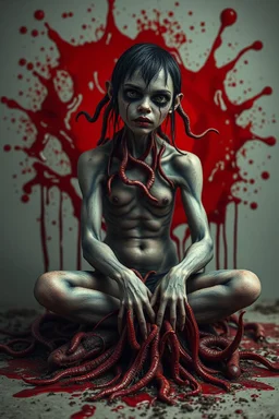 Petit weird woman with many worms from his body, sit pose, fullbody, splashes blood, behind guts rising from the ground, darkred tones, macro photography,