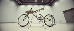 pinhole cam, weird geometry sacred, airbrush 3d rendering, integrated_multimodal_description: [Shot 1] A five-second cinematic single take in a clean industrial presentation hall. A bizarre mechanically plausible bicycle machine stands beside a presentation podium, designed to look like a giant mechanical praying mantis. Two large bicycle wheels form its main body and four thin articulated mechanical legs support it. Two long folded mechanical front arms resemble mantis forelegs.