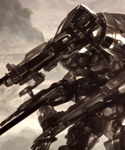 Photorealistic futuristic shiny samurai mechwarrior holding cybernetic katana on the surface of an alien planet