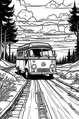 Outline art, no shading, van on the road, cartoon style, black and white, low detail, --ar 9:11