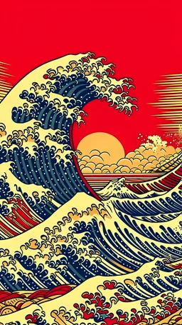 wave yellow Kanagawa red sun backgroung