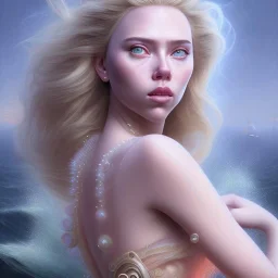 A beautiful portrait of a fusion of Scarlett Johansson and Elle fanning as a mermaid , leaning on a ships deck ,Rough sea in the background, (digitall art by Eugene de Blaas and Ross Tran, vibrant color scheme, highly detailed, in the style of romanticism, cinematic, artstation best quality, realistic lighting, masterpiece portrait, details light dusting , cowboy shot from above, simple chain hauberk Vector art digital illustration 3D shading )