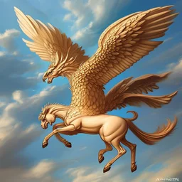 A beautiful Griffin Achaemenid with big and strong wings in flight with four foot