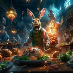 infernal portrait of chopped crazy scientist and army officer irradiating food inside grove with huge fluffy levitating yoga hare with nightmare mutations getting blasted by explosions, 4 k, down-light, soft light, depth of field, photo realism, trending on art station, high detail, spray paint