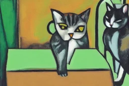 Cubist portrait of a cat sitting on a green table