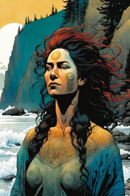 create a closeup full body print illustration of a female Salish shaman with highly detailed hair and feminine facial features, along the rocky shore of Vancouver Island , in the comic book art style of Bill Sienkiewicz, Mike Mignola, Sparth, Maxfield Parrish, and Jean Giraud Moebius, finely textured, drawn, colored, and inked, suffused with dramatic natural light, chiaroscuro