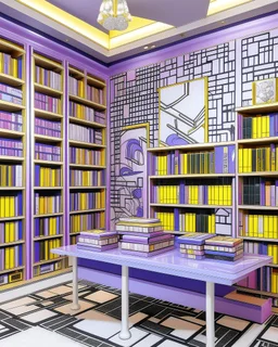 A light purple library with magical books painted by Roy Lichtenstein