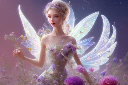 one very little beautiful fairy on a big crystal subtle flower in a galactic ambiance, transparent petals, delicate colors, in the foreground, full of details, smooth, bright sunshine，soft light atmosphere, light effect，vaporwave colorful, concept art, smooth, extremely sharp detail, finely tuned detail, ultra high definition, 8 k, unreal engine 5, ultra sharp focus