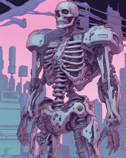 Snes, Sega Genesis, JRPG, Anime style cyborg skeleton protagonist, 90's cyberpunk video game, cel shading, convoluted, hyper detailed, pastel tones,