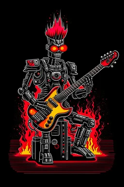 A robot terminator with a red punk crest playing bass, black background, flames all around him.