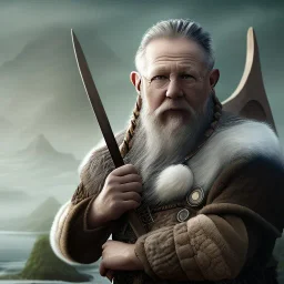 Viking theme, a younger woman sitting next to a 50-year-old man, portrait, 8K, close-up face, anatomically perfect face, Highly detailed stunning full frame portrait, misty and cloudy atmosphere