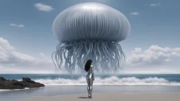 Wide-angle shot of a woman, standing to one side on a beach with huge waves, with dark hair in a silver robotic catsuit, many large Portuguese Man-of-War jellyfish floating high up in the air, masterpiece, best quality, super detailed