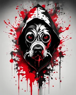 Banksy style. Vibrant and dynamic masterpiece with fluid patterns forming a killer dog with hood and gas mask, its eyes are intense. Red, white and black colors, creating a fascinating effect. Full body