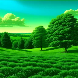 A green plain filled with trees painted by Frank Wilson