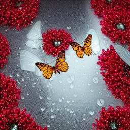  Прозрачная Бабочка из воды в белом тумане и букет венок красные стеклянные цветы в жемчужном сиянии капли дождя