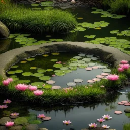 Round pond with lots of water, moss-covered stones all around and the water has a delicate pink shimmer, a few delicate pink flowers on the stones and a small waterfall