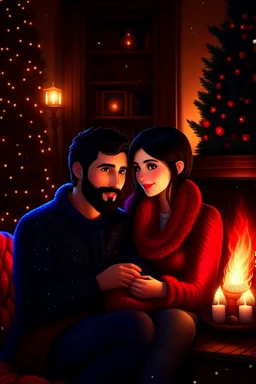Fire place Christmas scene, dark haired couple, man with short black beard, blue eyes, cozy, young couple, high definition, graphic