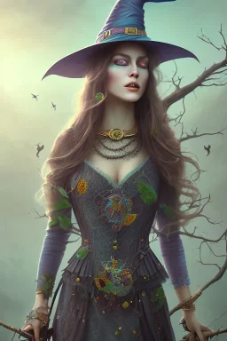 Friendly witch, playing with crows, perfect eyes, pastel colour, style Elisabeth Kreitz