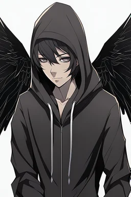 Anime man with black wings, realistic, wearing a hoodie