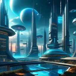 Create an image of a futuristic city on an alien planet, featuring advanced architecture, flying vehicles, and holographic displays."